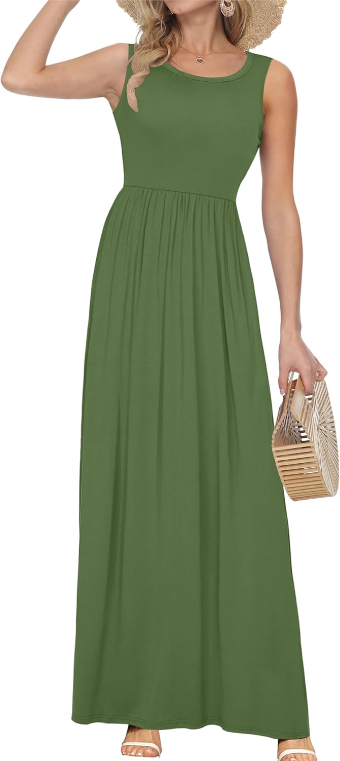 AUSELILY Damen Sommer Ärmelloses, lockeres Maxikleid Lässiges, langes Kleid mit Taschen Armee Grün M