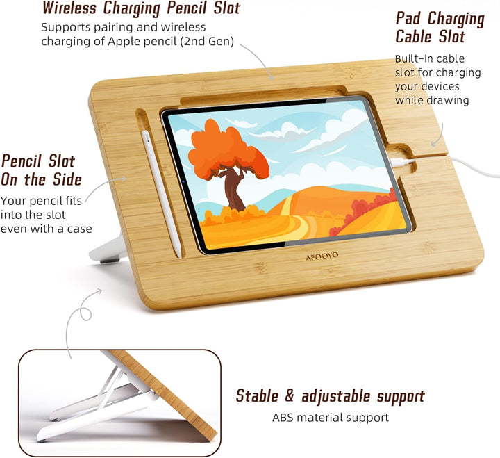 AFOOYO Tablet-Ständer, verstellbar, faltbar, tragbar, für Schreibtisch, Bambus, Holz, kompatibel mit