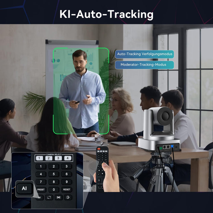 4K PTZ-Kamera mit KI-Autotracking, 3-fachem optischem Zoom, 92° Weitwinkel, USB 3.0 und HDMI. Konfer