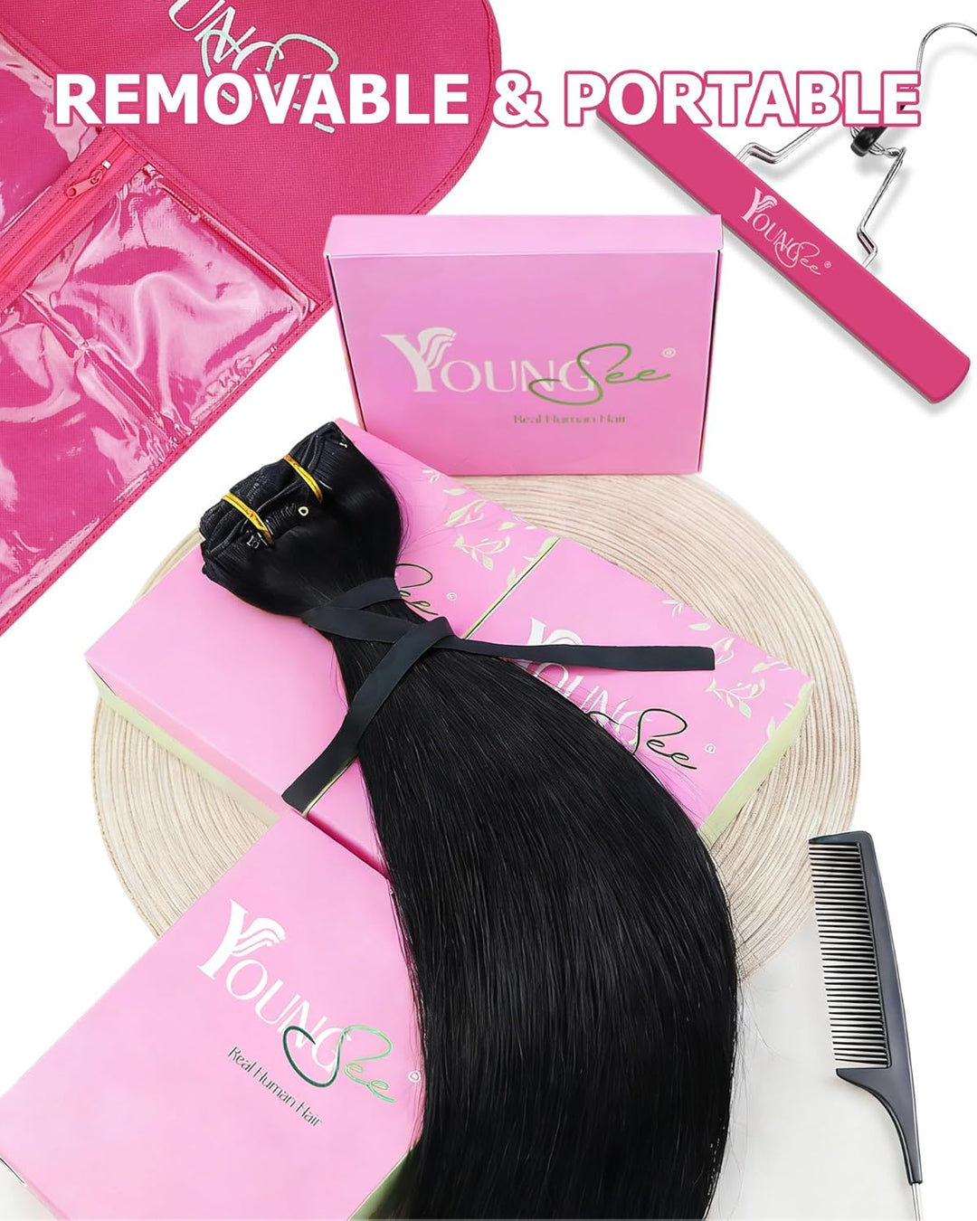 YoungSee Clip in Extensions Schwarz Clip in Extensions Echthaar Lang Echthaar Extensions Clip Schwar