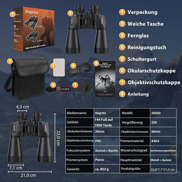 20 x 60 Fernglas für Erwachsene, leistungsstark, wasserdicht und beschlagsicher, kompaktes Fernglas