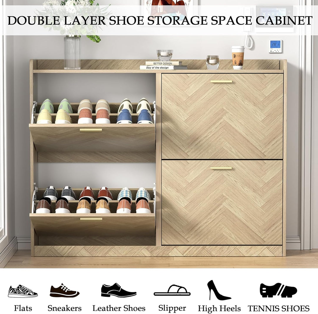 Fischgrätmuster Schuhschrank mit 4 Schublade Holz Schuhkipper für 24-28 Paar Schuhe, Schuhregal mit
