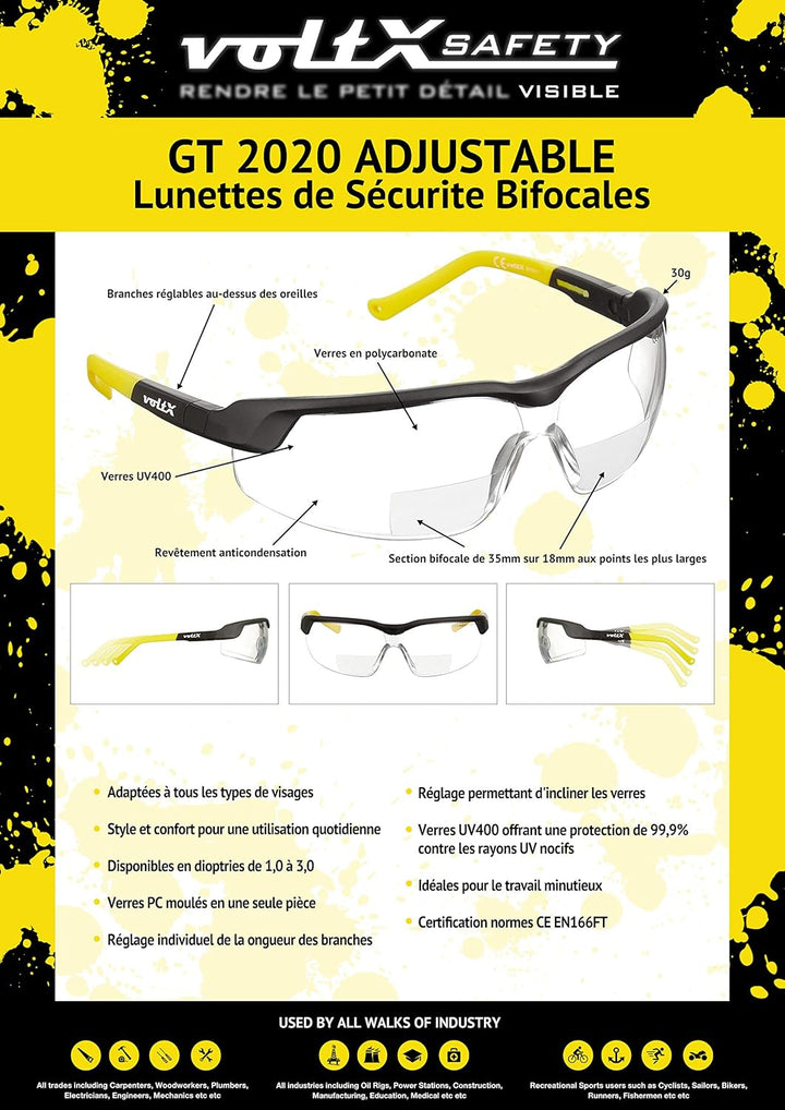 voltX 3 x GT ADJUSTABLE Bifokale Lesen Schutzbrille (KLAR, GELB, BRAUN +3.0 Dioptrie), Anti-Beschlag