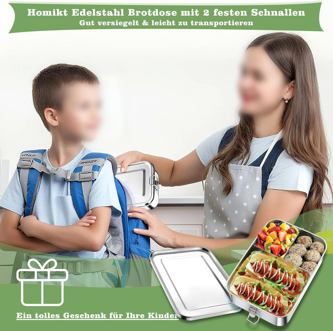 Homikit Brotdose mit Fächern, 2400ml Edelstahl Bento Box Lunchbox für Kinder & Erwachsene, Auslaufsi