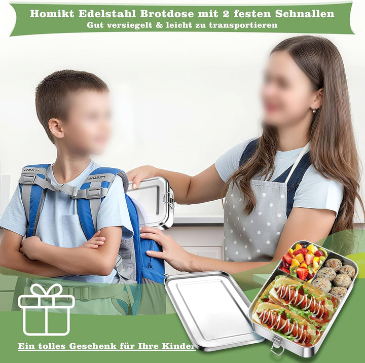 Homikit Brotdose mit Fächern, 2400ml Edelstahl Bento Box Lunchbox für Kinder & Erwachsene, Auslaufsi
