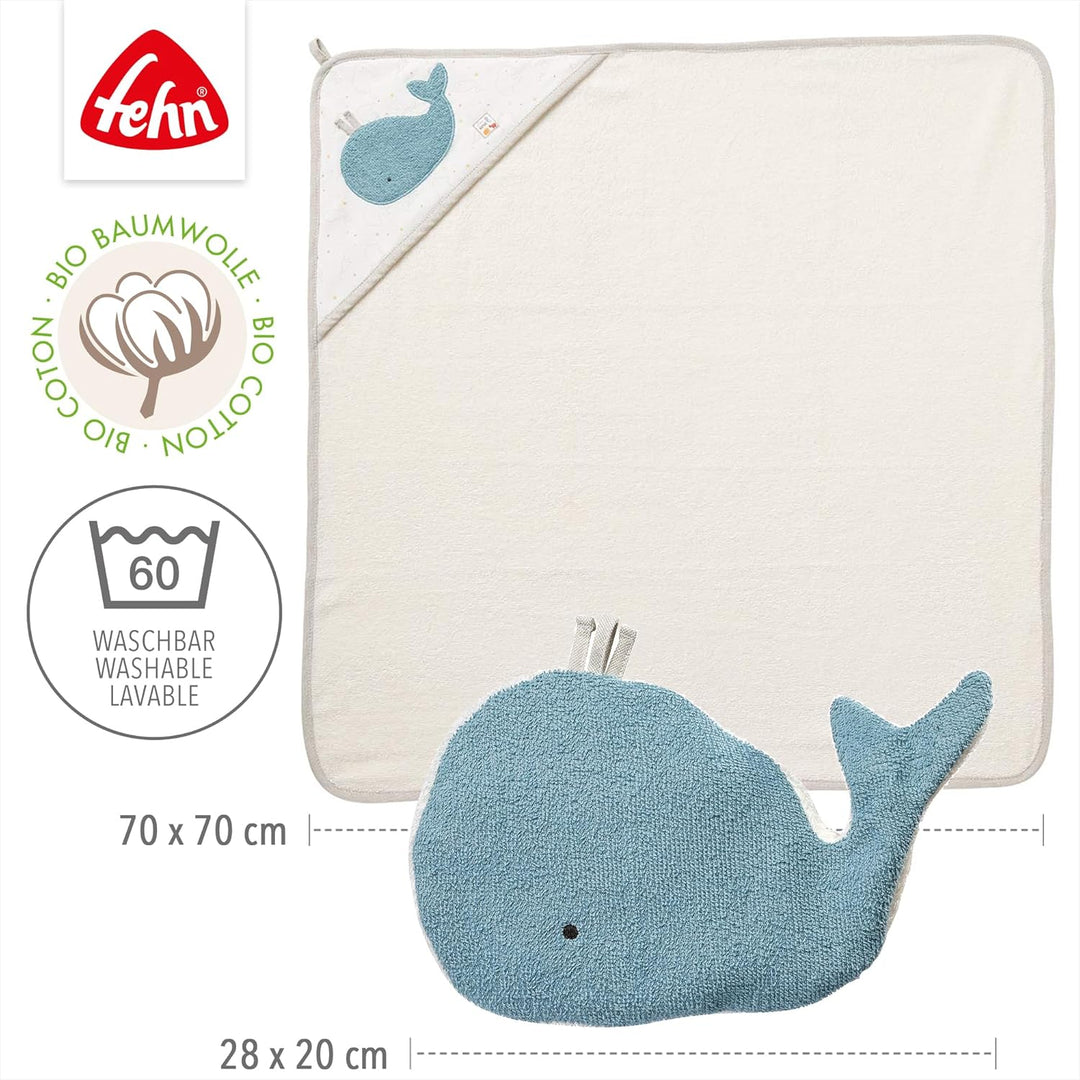 Fehn Baby Wal Badetuch & Waschhandschuh Bade-Set - Kapuzenhandtuch mit süssem Wal - Kinder Poncho au