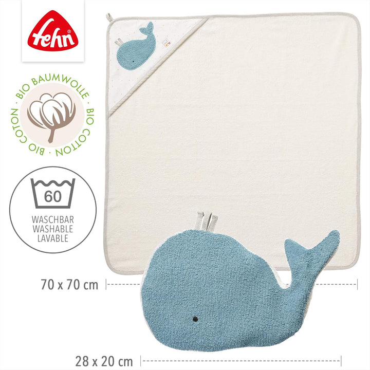 Fehn Baby Wal Badetuch & Waschhandschuh Bade-Set - Kapuzenhandtuch mit süssem Wal - Kinder Poncho au