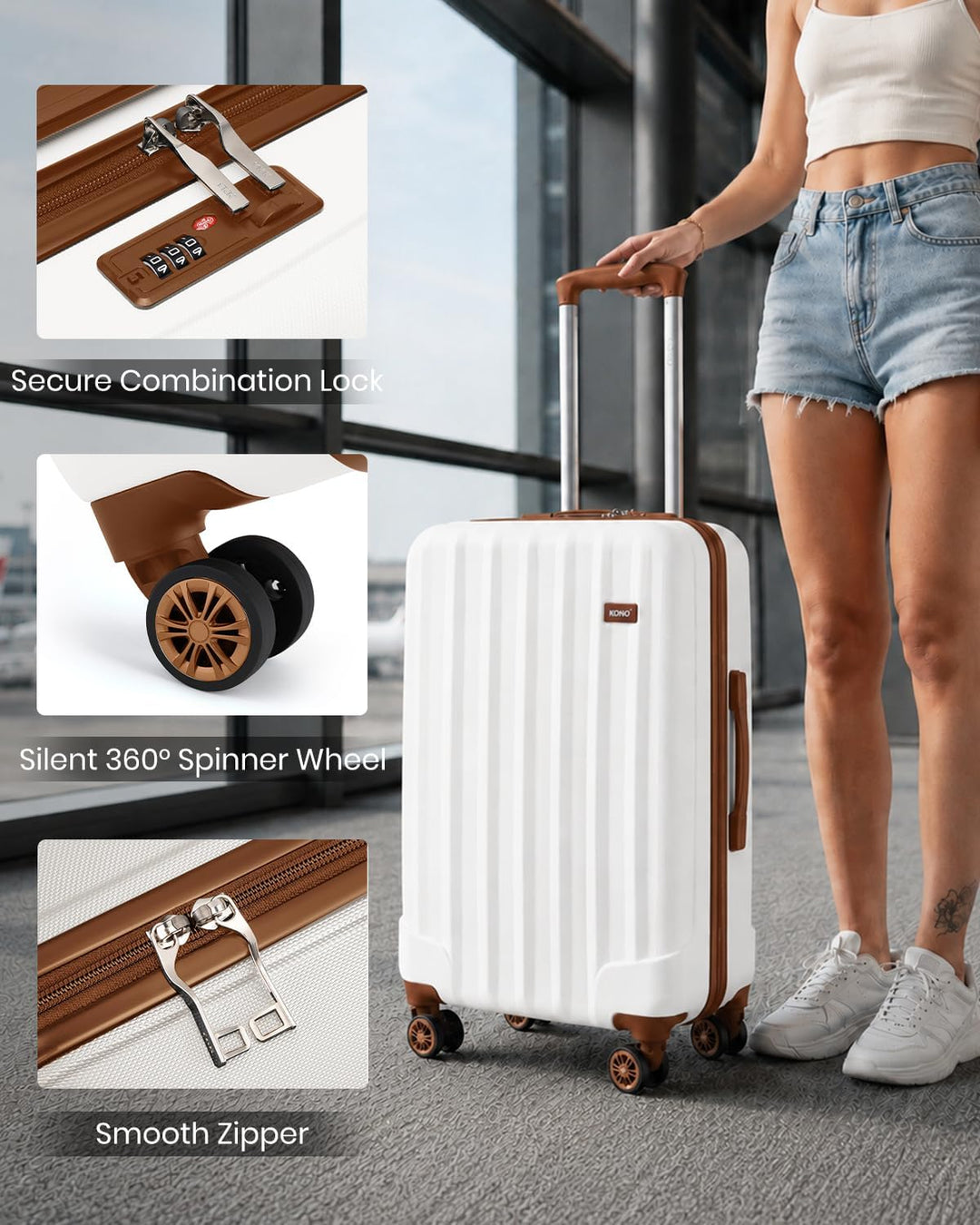 KONO Hartschale Gepäck Leichten ABS Reisekoffer Rollenkoffer 4 Rollen Cremeweiss L, Cremeweiss L