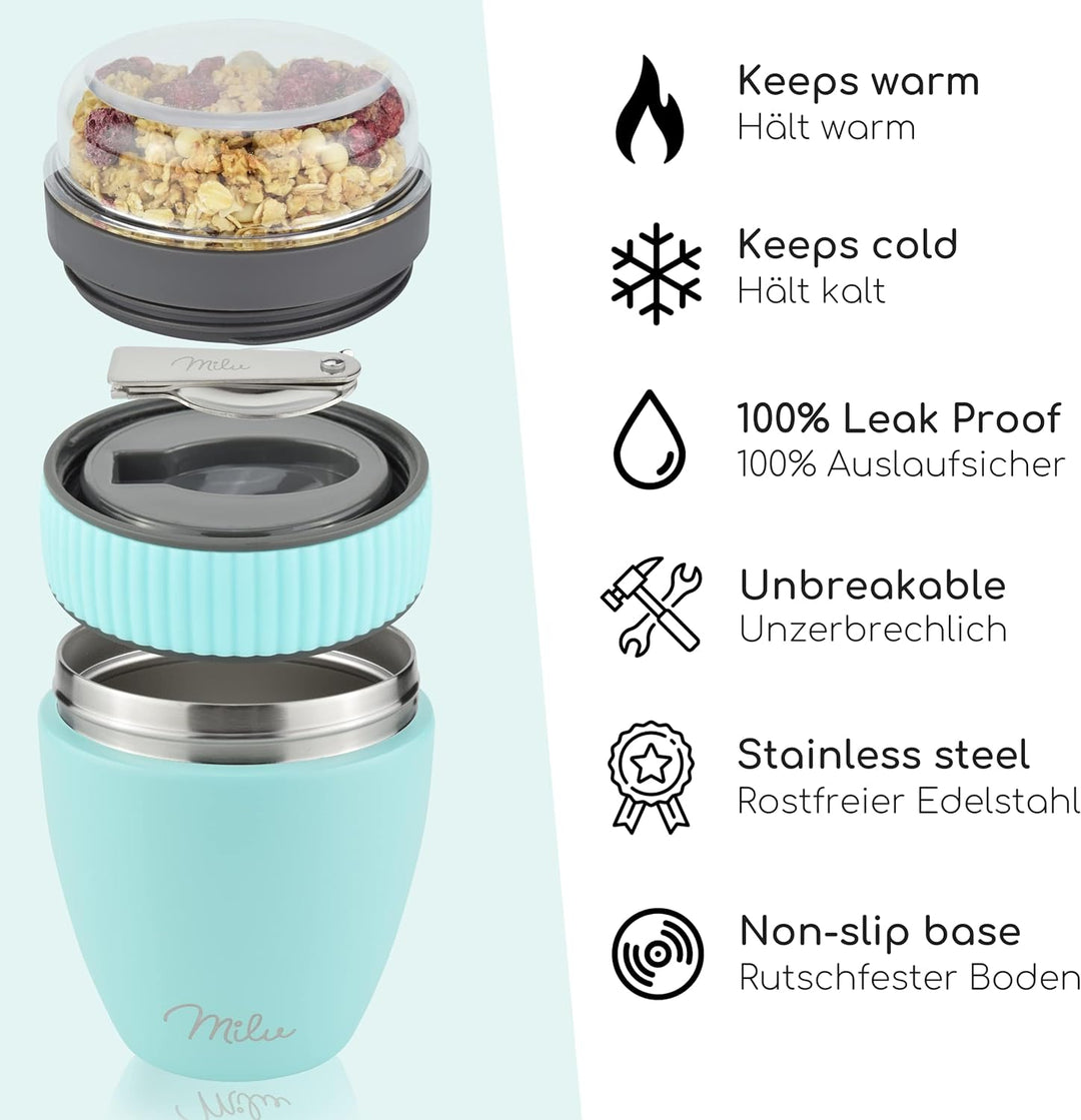 Milu Müslibecher to go 400ml I isolierter Edelstahl Joghurtbecher für Müsli I auslaufsicherer Becher