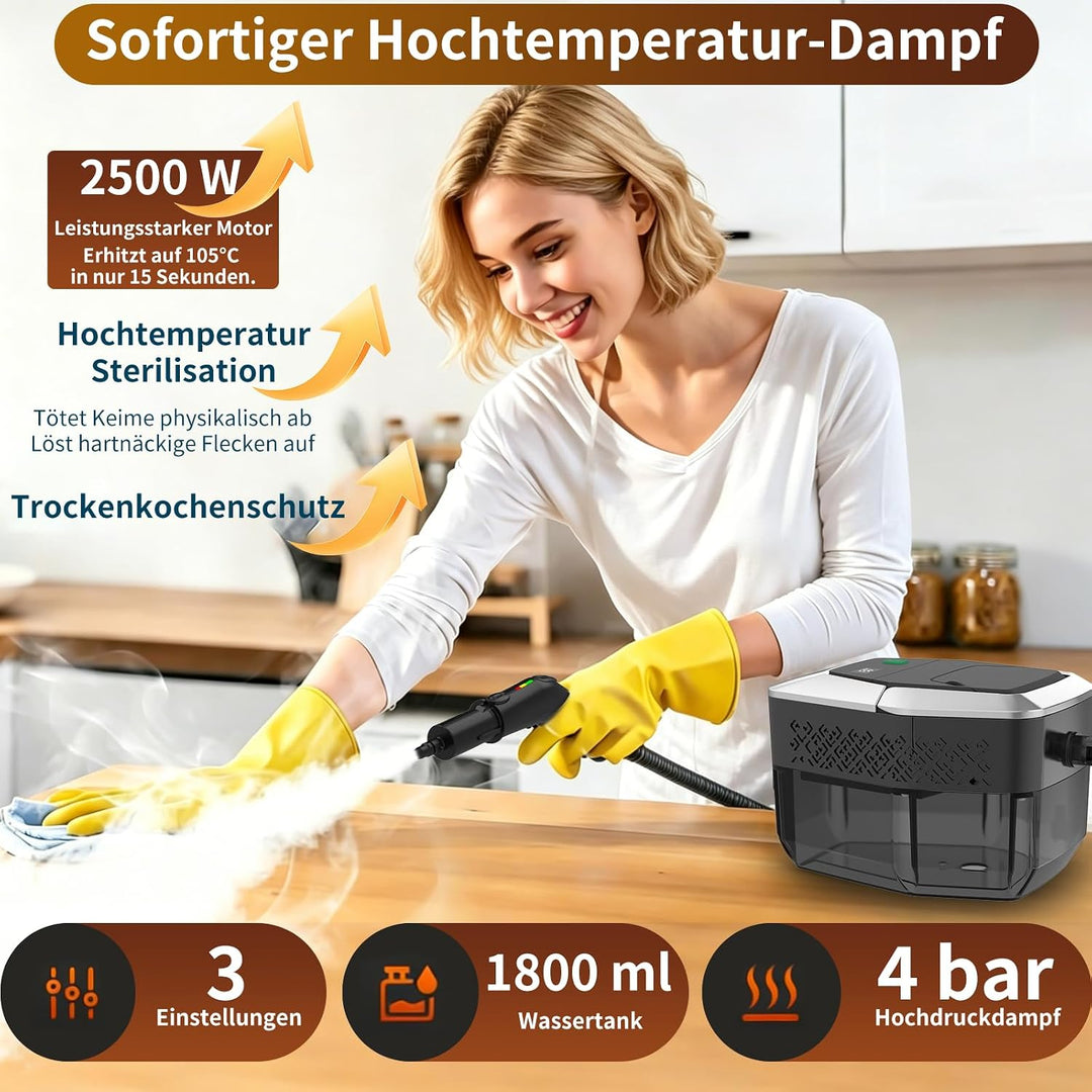 Dampfreiniger Handgerät, 2500W Handdampfreiniger mit Stufengriff, 8 Düsen, 1,8L Tank, 3 Dampfstufen,