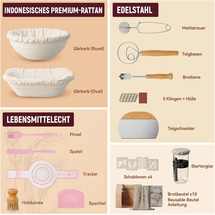 Brot Gärkorb Sauerteig Starter Set,25 cm &amp; 23 cm Proofing Basket Bread Baking with Sourdough Starter