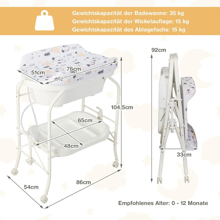COSTWAY 4 in 1 Wickeltisch klappbar mit Badewanne, tragbare Wickelkommode mit Wickelauflage, mobile