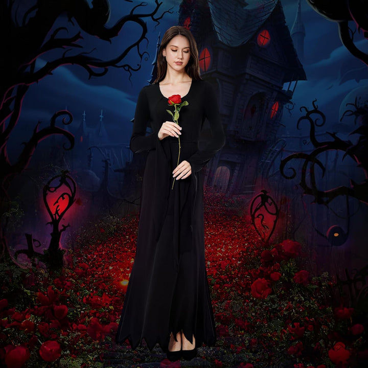 Joykindom Damen Morticia Addams Kostüm Karneval Hexenkleid Gothic Addams Kostüm Schwarz Lange Kleid