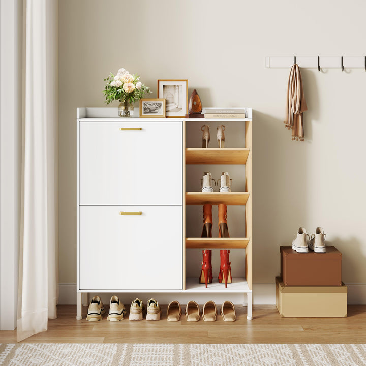 Schuhschrank mit 2 Klappen Schmal Schuhschrank mit 2 Flip-Schuhregal und 4 Ablagefächer platzsparend