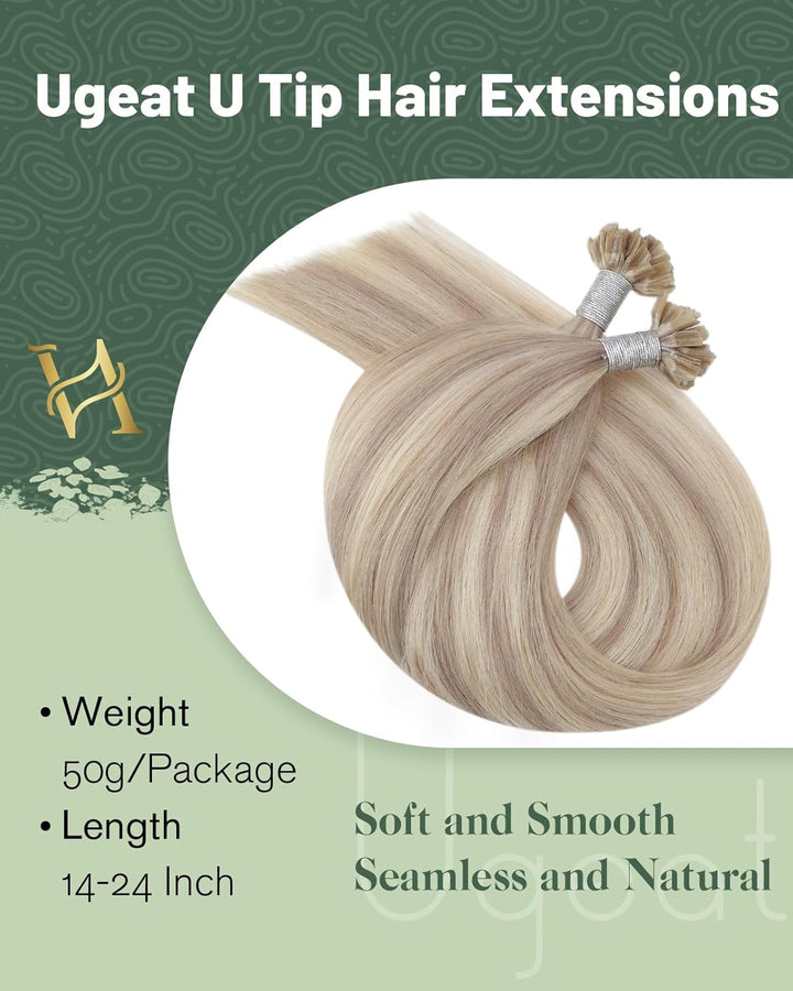 Ugeat U Tip Extensions Keratin Haarverlängerung 50cm P18/613 Aschblond mit Gebleichtes Blond Gesträh