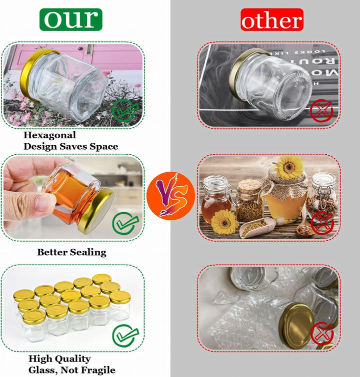 MAOOY 30 Stück Hexagon Mini Glas Honiggläser 45ml Honigglas Mit Honiglöffel Honig Kleine Gläser Gold