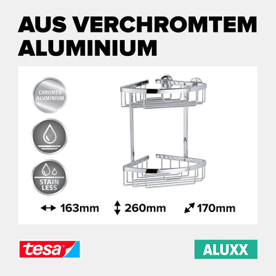 tesa ALUXX Duschablage für die Ecke, zweistöckig, Aluminium, verchromt, rostfrei, inkl. Klebelösung,