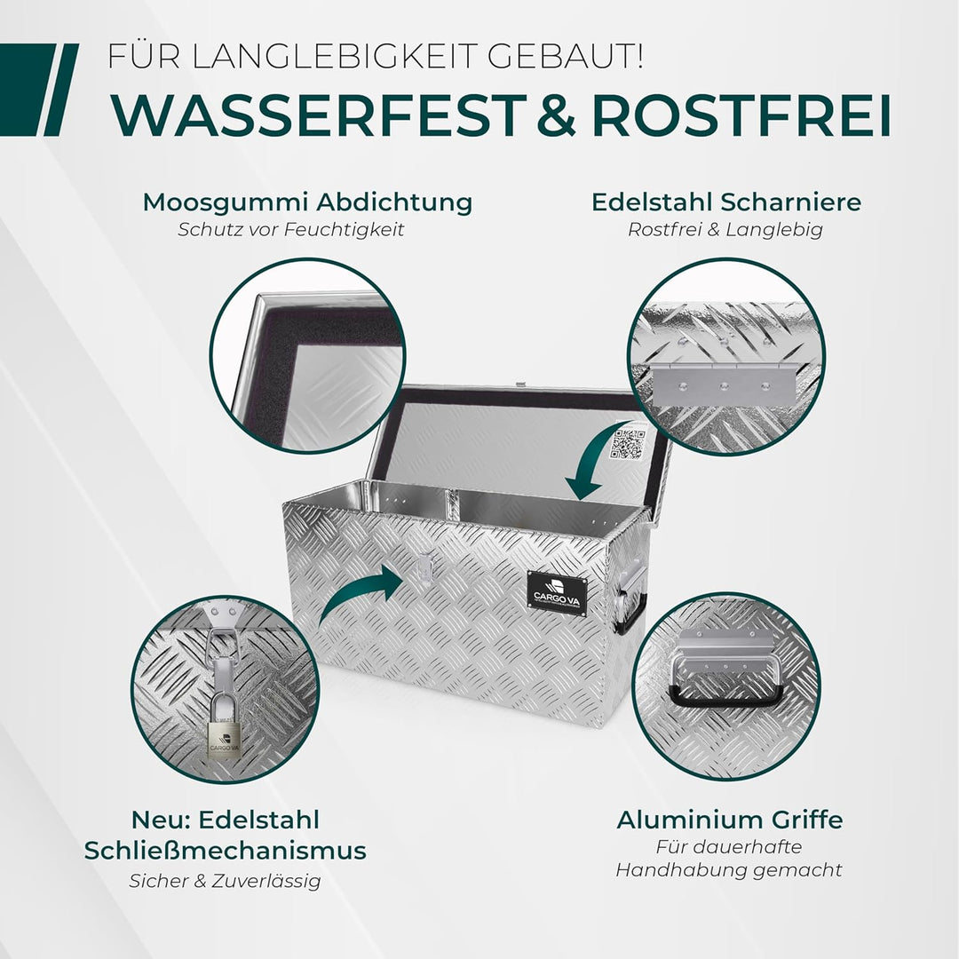 CargoVA - Wasserfeste Deichselbox - Mit Befestigung &amp; Vorhängeschloss - Abschliessbare Anhängerbox [