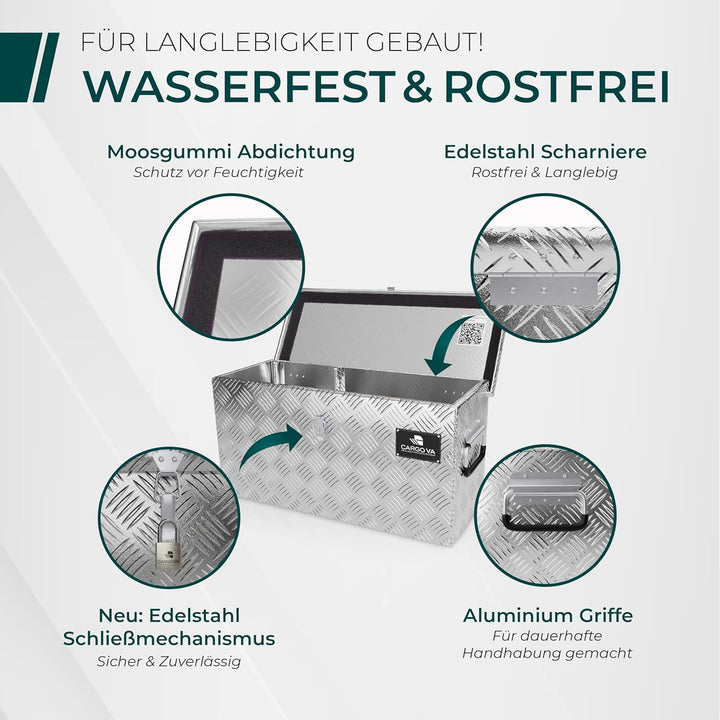 CargoVA - Wasserfeste Deichselbox - Mit Befestigung &amp; Vorhängeschloss - Abschliessbare Anhängerbox [