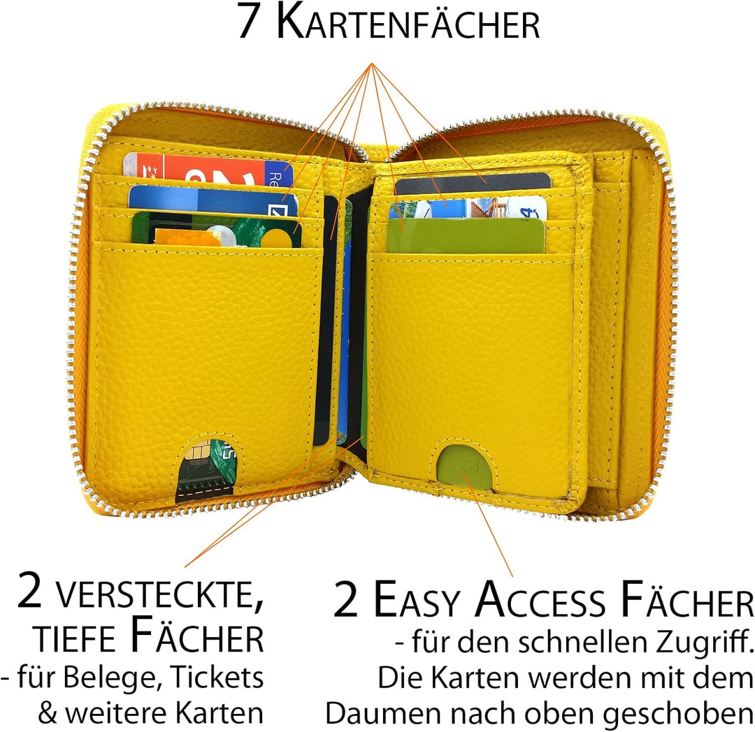 Portemonnaie Damen klein viele Fächer Leder, gelb, Reissverschluss, Münzfach, RFID Schutz | Geldbörs