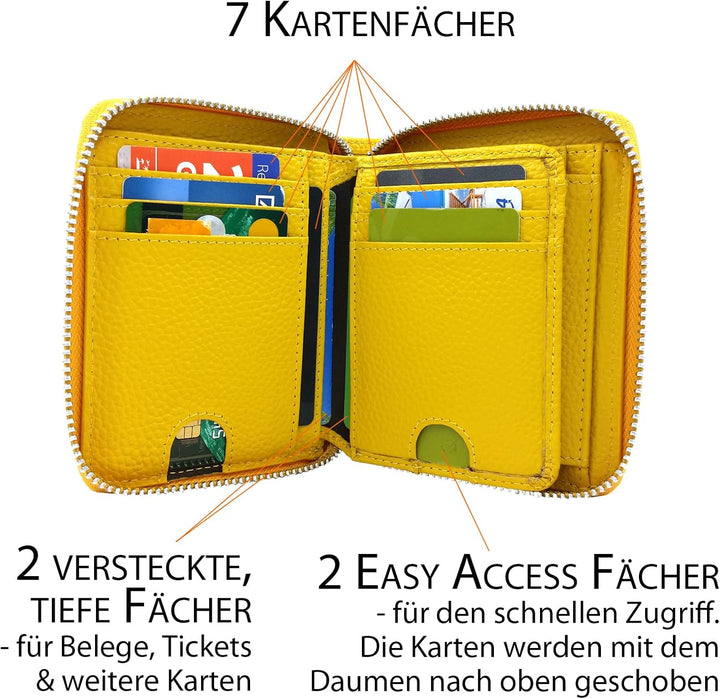 Portemonnaie Damen klein viele Fächer Leder, gelb, Reissverschluss, Münzfach, RFID Schutz | Geldbörs