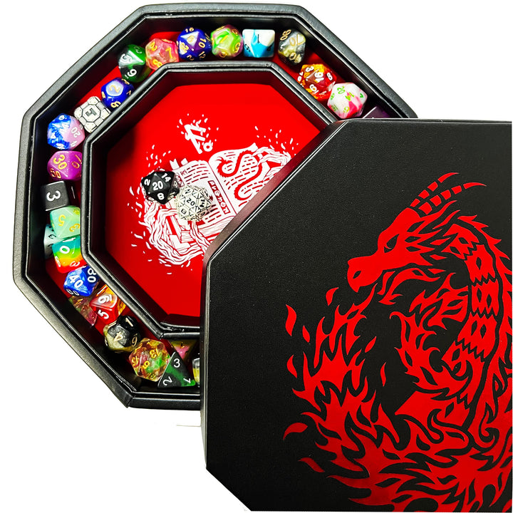Fantasydice RED Fire Dragon with Wizard Book Print Dice Tray 8" Octagon with Lid and Dice Staging Ar