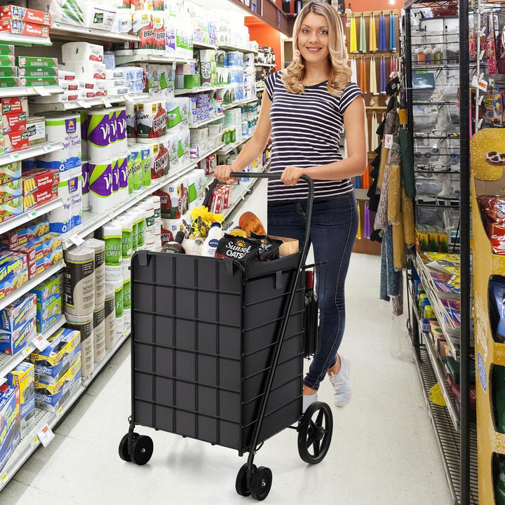 COSTWAY Einkaufstrolley Klappbar, Einkaufswagen auf Rollen mit Abnehmbarer Oxford-Tasche & 2 Körben,