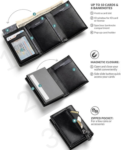 VULKIT Kreditkartenetui RFID-blockierende Pop-Up-Kartentasche aus Echtem Leder mit Geldscheinfach, A