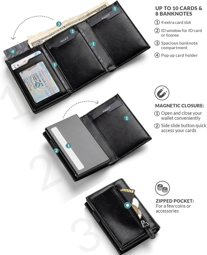 VULKIT Kreditkartenetui RFID-blockierende Pop-Up-Kartentasche aus Echtem Leder mit Geldscheinfach, A