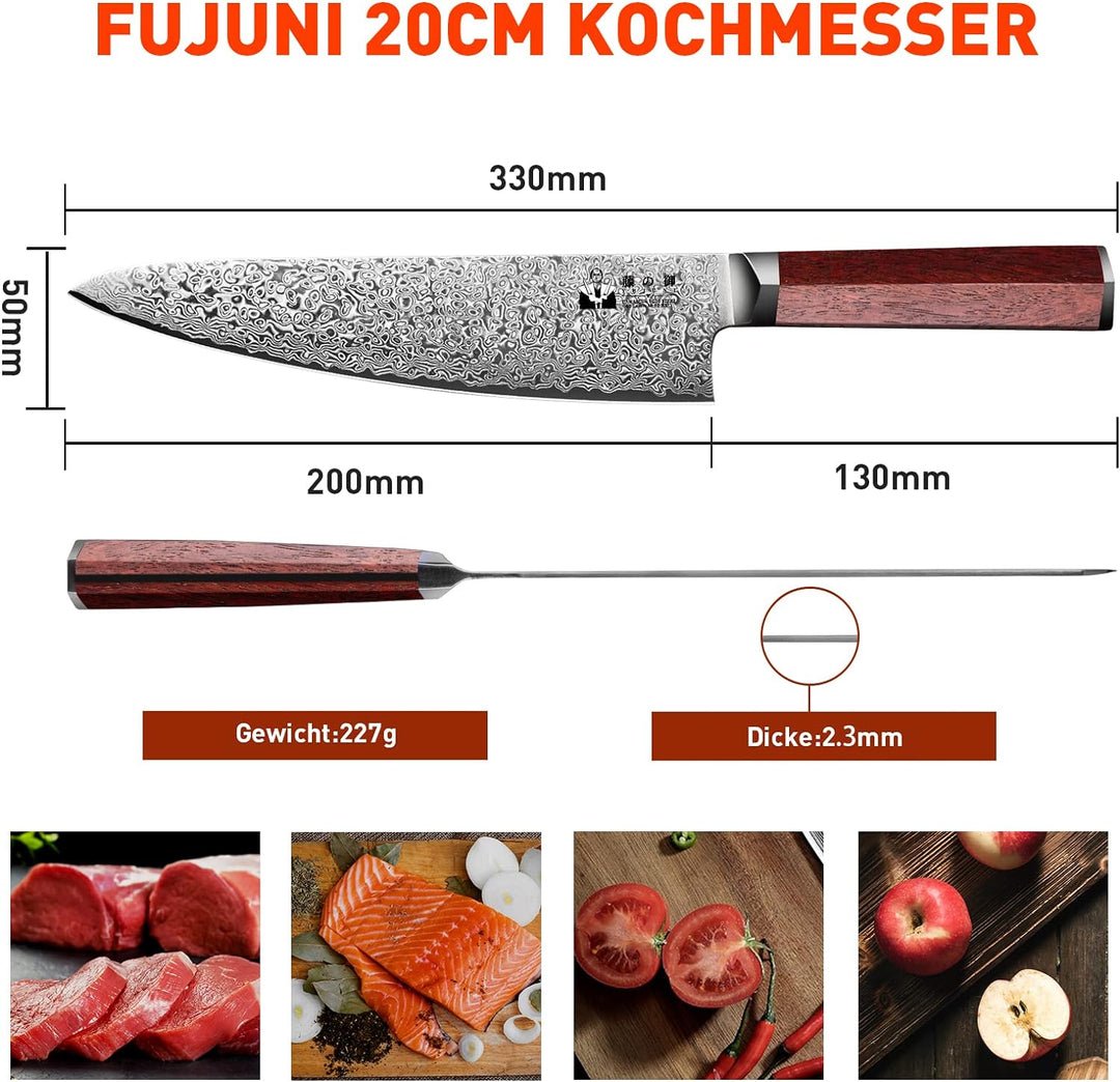 FUJUNI Kochmesser Damastmesser Mit Extrem Scharf 20cm Klinge Aus 67 Lagen Vg-10 Damaststahl Küchenme