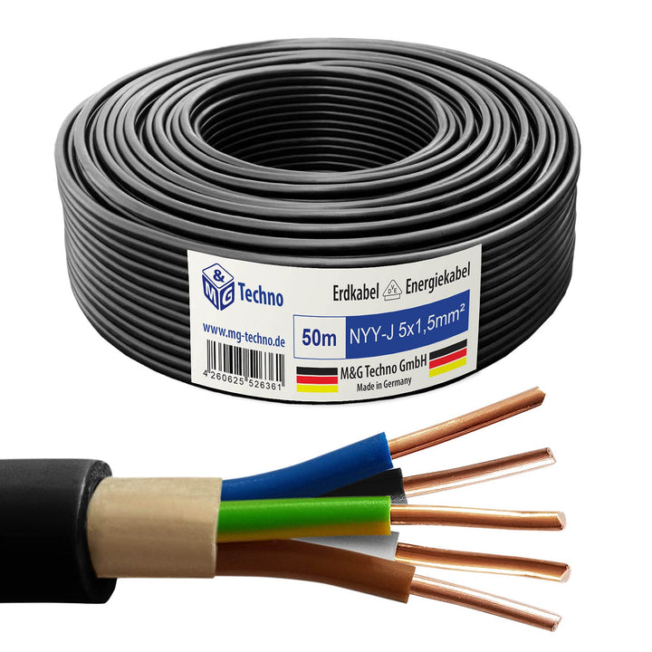 M&amp;G Techno 50m NYY-J 5x1,5 mm² Erdkabel Elektrokabel Beton und Freien Kupfer Made in Germany Schwarz