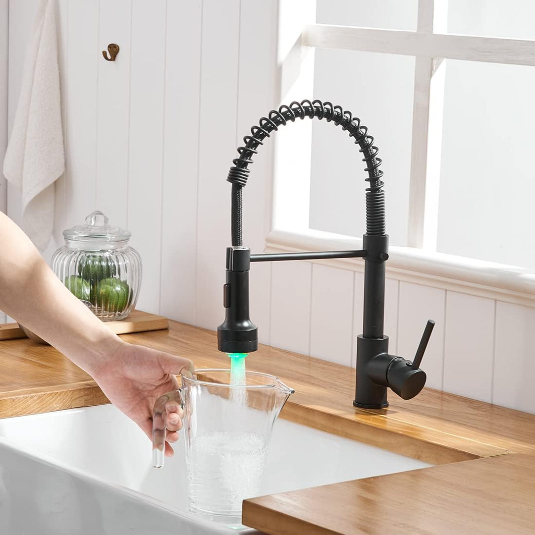 TIMACO LED Schwarz Küchenarmatur mit Spiralfeder,Wasserhahn Küchen 360°Schwenkbare Spültischarmature