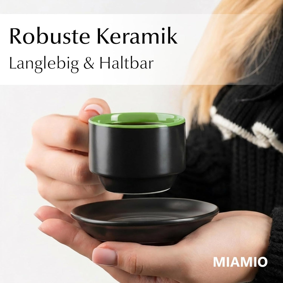 MIAMIO - 6 x 75 ml Espressotassen Set/Espresso Tassen Set mit Untertasse & Ständer - Kaffeetassen Se