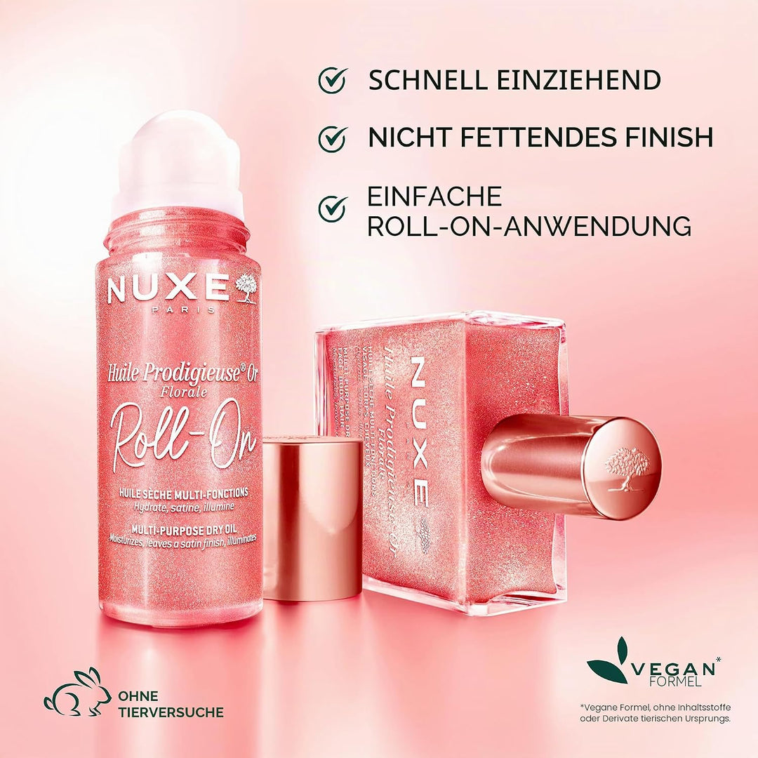 Nuxe Huile Prodigieuse Shimmering Florale Roll-On 60 ml, schimmerndes Trockenöl für Gesicht, Körper,