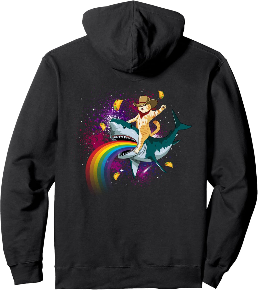 Western Cowboy Cat Riding A Shark In Taco Space Rainbow Pullover Hoodie