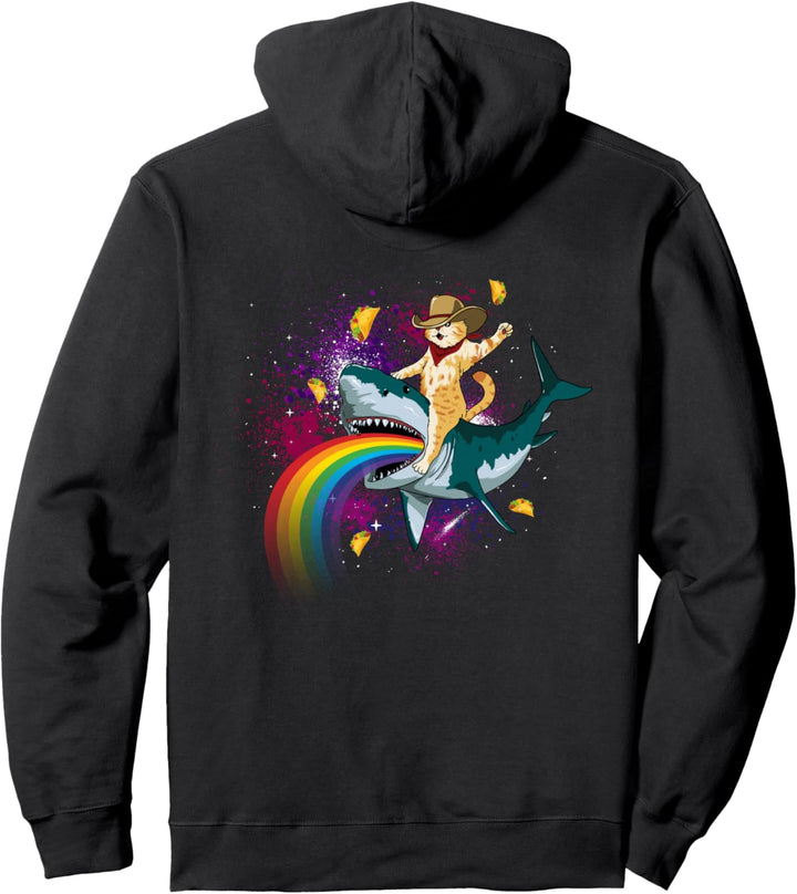 Western Cowboy Cat Riding A Shark In Taco Space Rainbow Pullover Hoodie