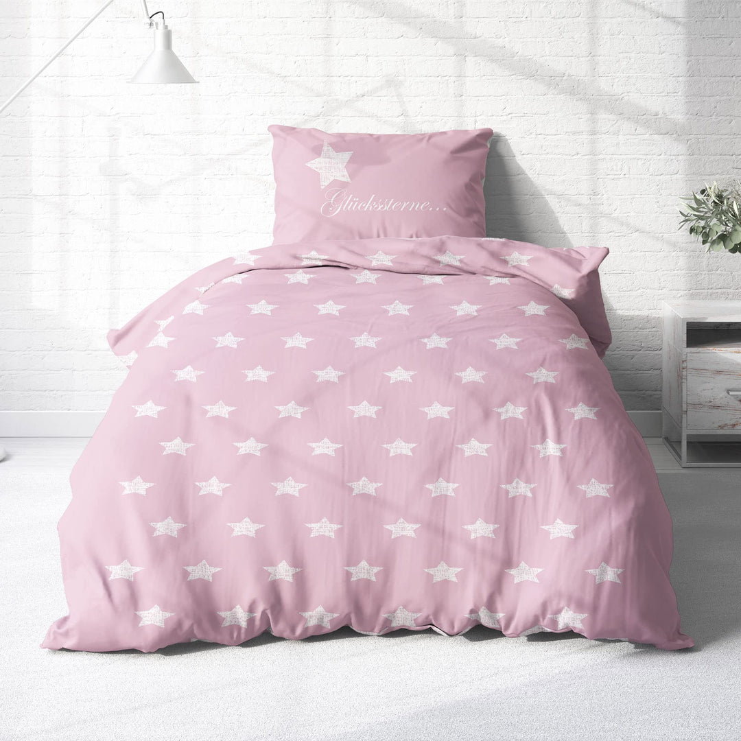 Dobnig Bettwäsche 135 x 200 Rosa Sterne - Baumwoll Bettwäsche Grau mit Sternen - Winter Bettwäsche S
