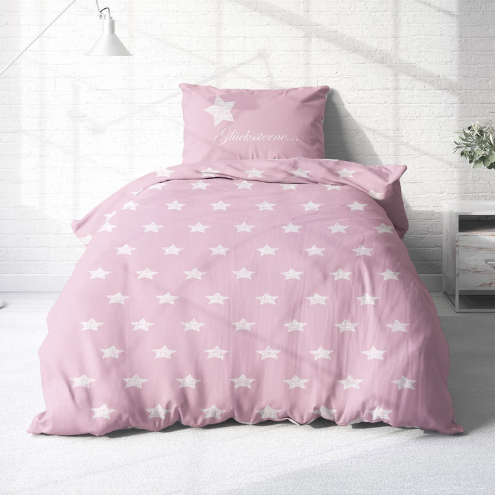 Dobnig Bettwäsche 135 x 200 Rosa Sterne - Baumwoll Bettwäsche Grau mit Sternen - Winter Bettwäsche S