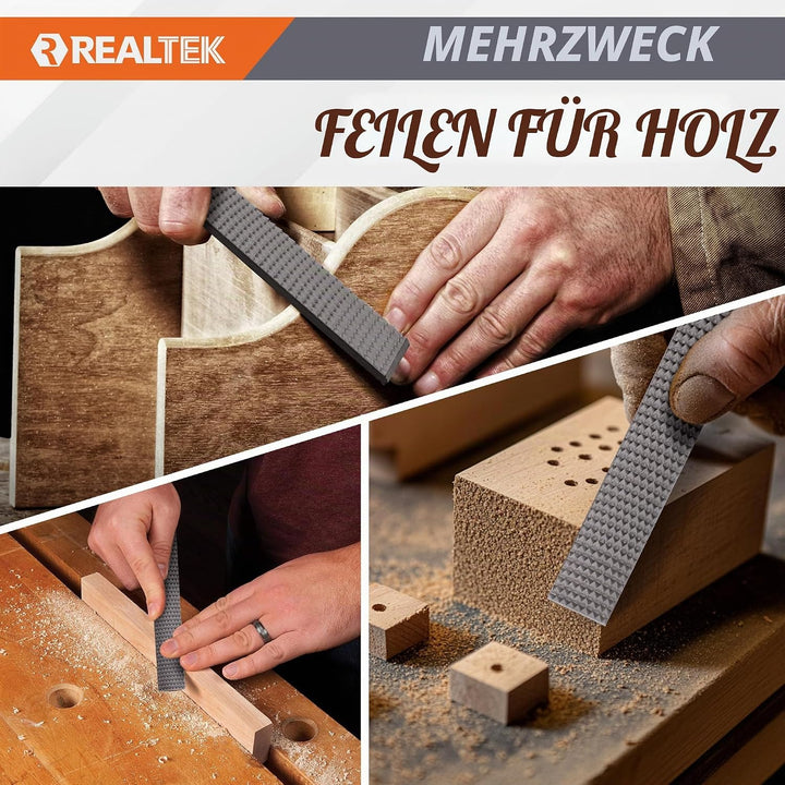 REALTEK Holzraspel Set 3tlg. inkl. Flachfeile Halbrundfeile Rundfeile, Klinge 200mm lang, Holzfeilen