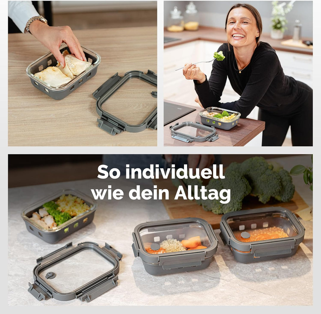 Meal Prep Boxen Set 3x640ml – Borosilikatglas, auslaufsicher, stapelbar, mikrowellengeeignet, mit Si