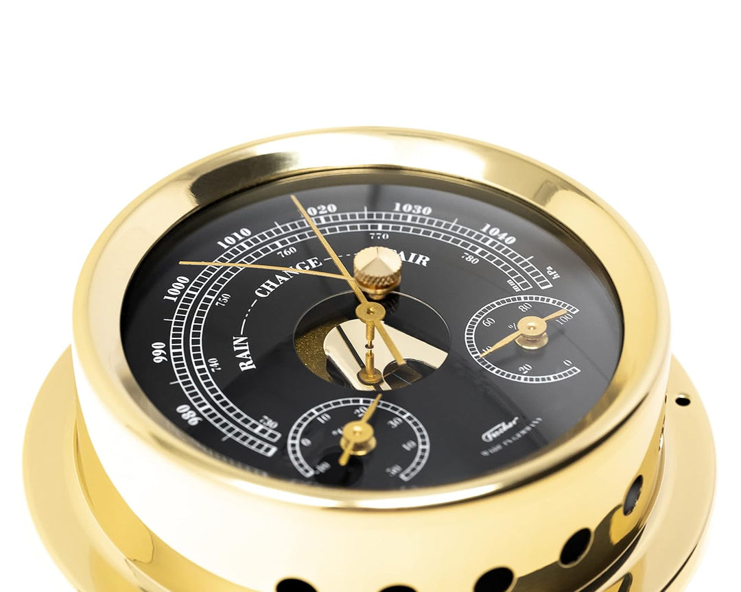Fischer 1508BTH-45.6 – maritime Wetterstation – 125mm Barometer, schwarzes Ziffernblatt, Messing-Geh