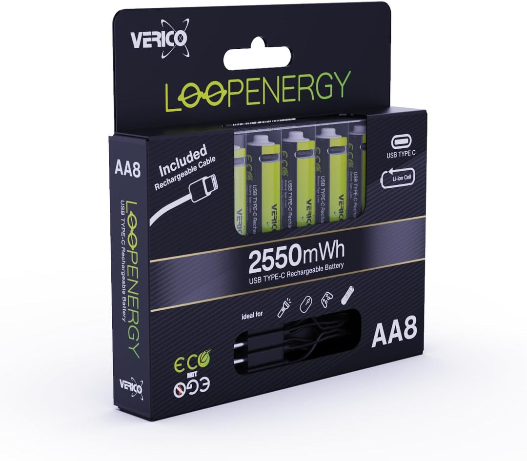 VERICO LoopEnergy AA 2550 Wiederaufladbare USB-C Batterie AA 1,5V 2550mWh (1700mAh) Li-Ion, Schnelll