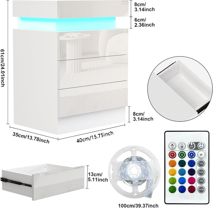 Lvhcmfohm Nachttisch Weiss mit Led, Nachtschrank, Nachtkommode mit 2 Schubladen und Schränke mit Kla
