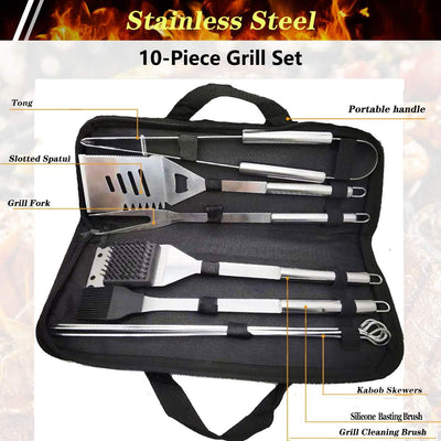 GQC 10PC Edelstahl Grillbesteck-Set Professionelle Grill Bestecksets in Tragetasche BBQ Grillwerkzeu