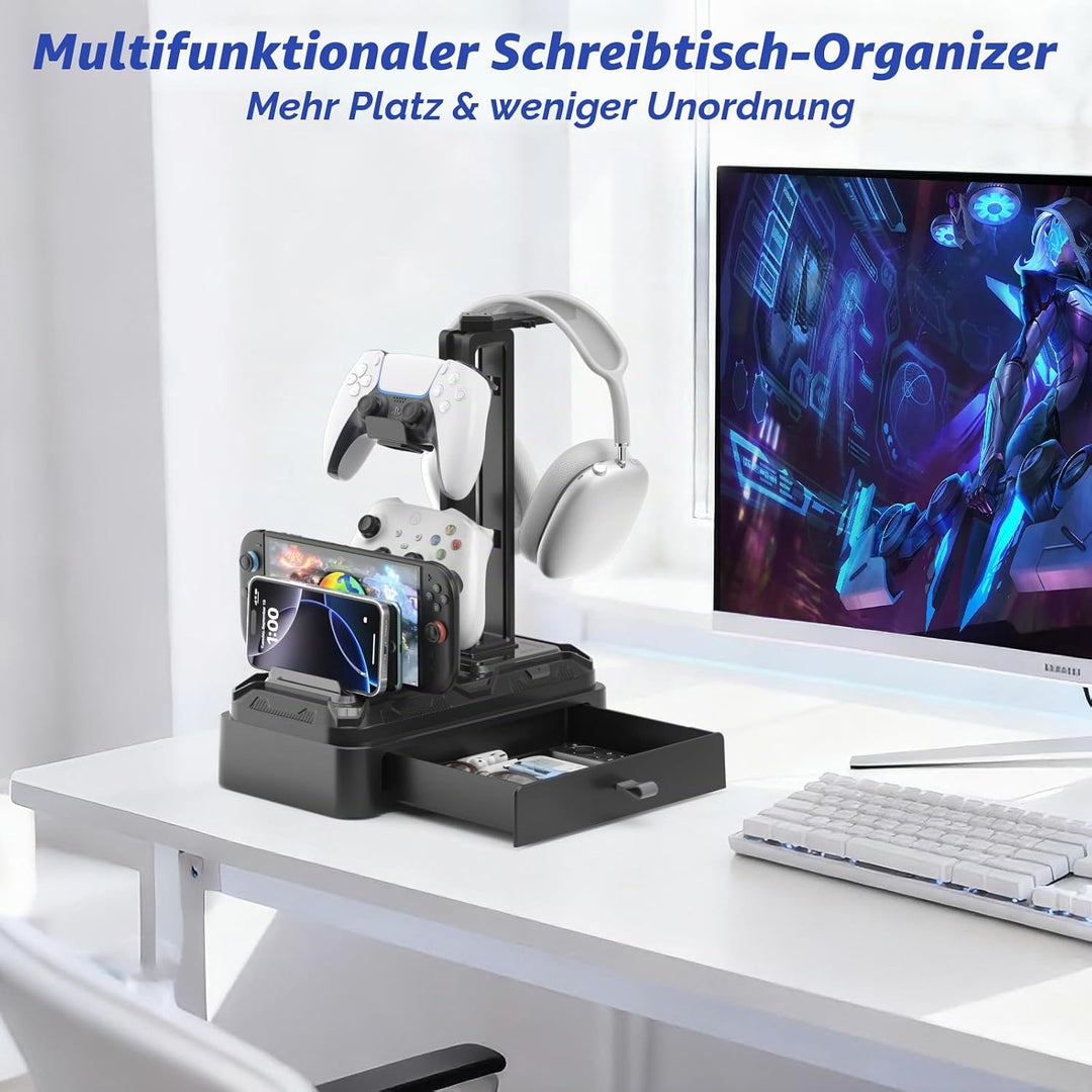 KDD Kopfhörer Ständer Gaming mit Schublade - Drehbare Headset Halterung Tisch &amp; Controller Halter PS