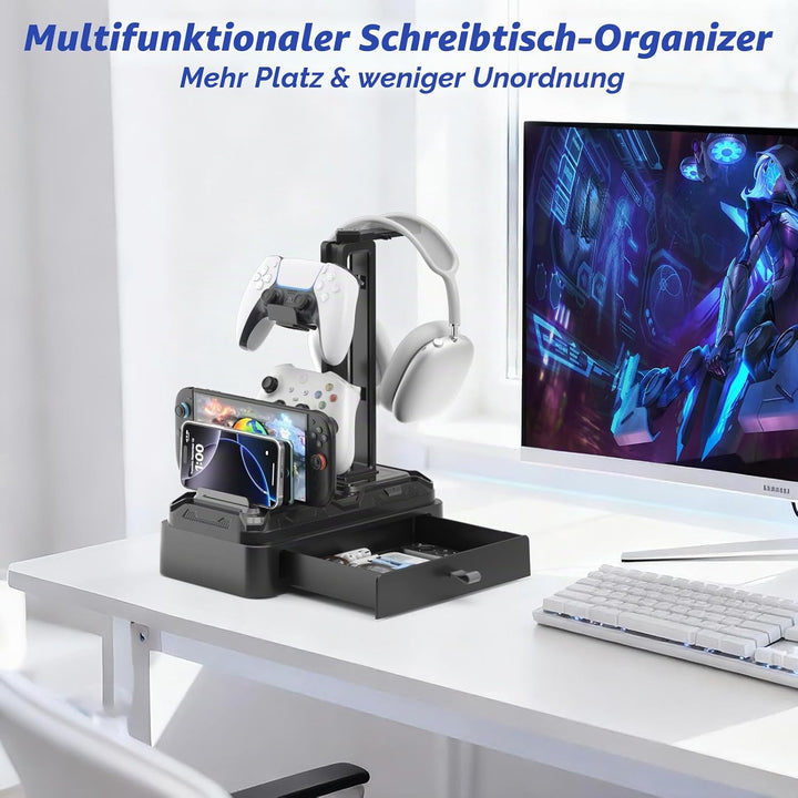 KDD Kopfhörer Ständer Gaming mit Schublade - Drehbare Headset Halterung Tisch &amp; Controller Halter PS