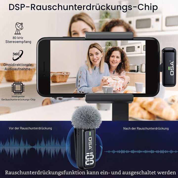 OSA Lavalier Mikrofon für Telefon mit Ladehülle und Transmitter Digitalanzeige - 2er Set, für iPhone