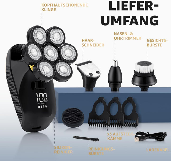 Glatzen- Rasierer Herren elektrisch, 7D Kopfrasierer für Glatze, Wiederaufladbar, IPX6 wasserdicht,