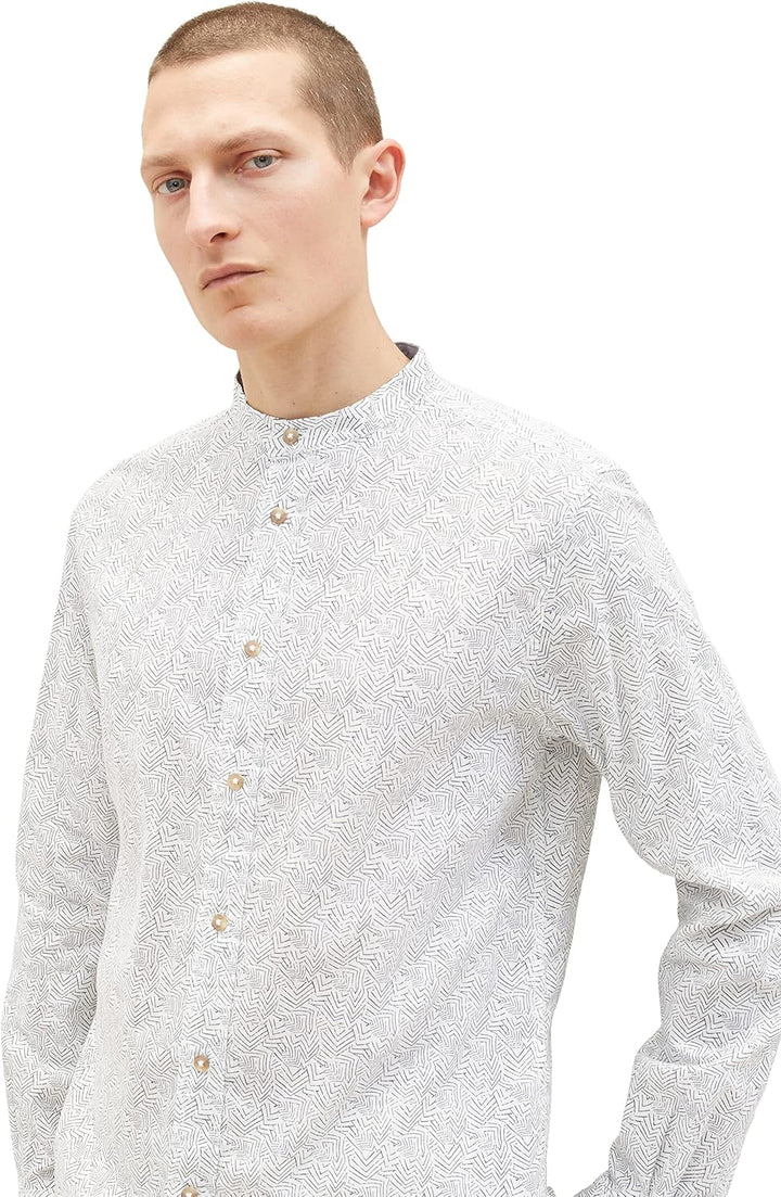 TOM TAILOR Herren Hemd mit Stehkragen aus Leinen XXL 31281 - Offwhite Leaf Structure Design, XXL 312