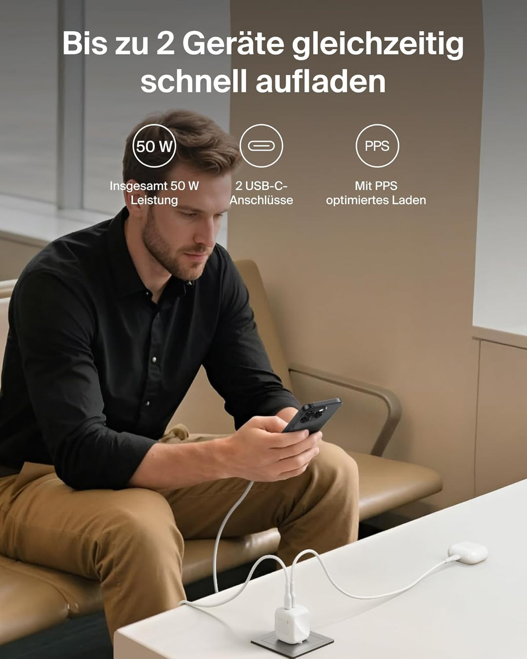 Belkin SmartProtect 2 Port USB C Ladegerät, 50W, GaN-Ladegerät mit 2 Anschlüssen, 1 m USB-C-Kabel, S